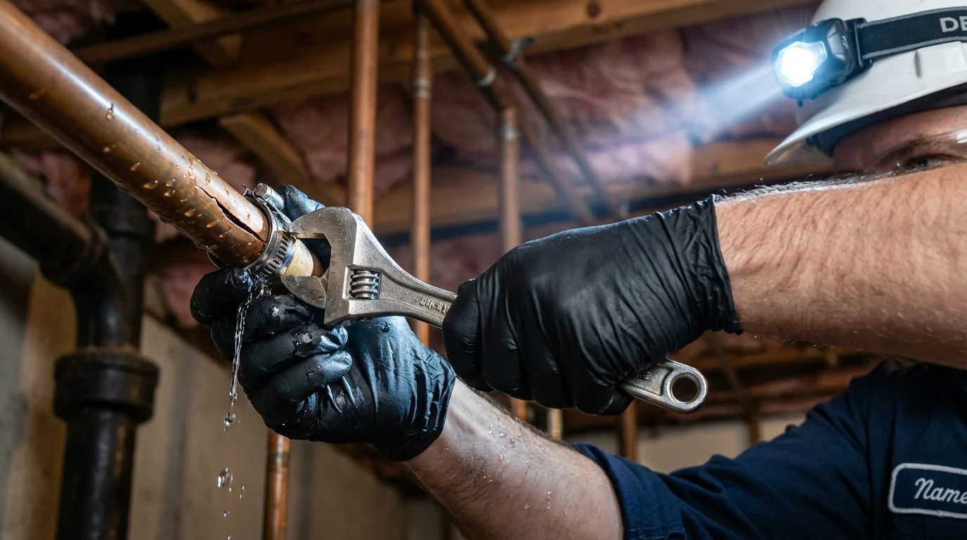 Emergency pipe clamp repair being performed by a Johns Plumbing LLC plumber in Sherrill