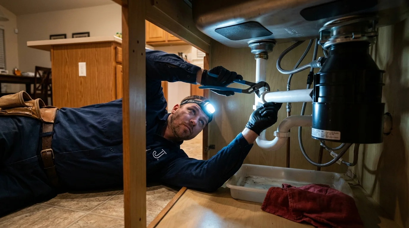 P-trap and supply line connections under a kitchen sink showing a common leak point in Sherrill, NY